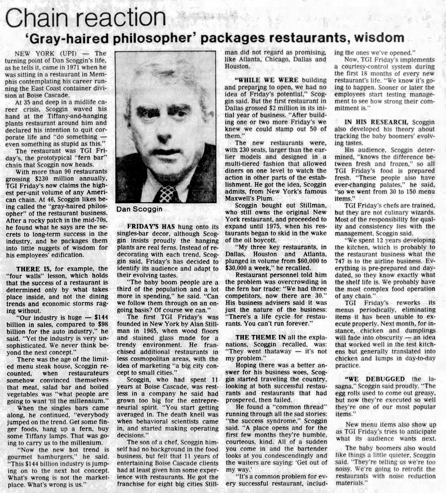 TGI Fridays - Good Article On Dan Scoggin - Founder From Sept 1984